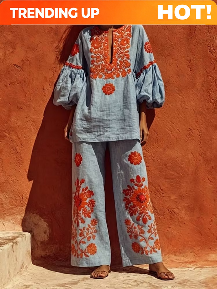 Linen Pant Wide - Setelan 2 potong linen boho wanita