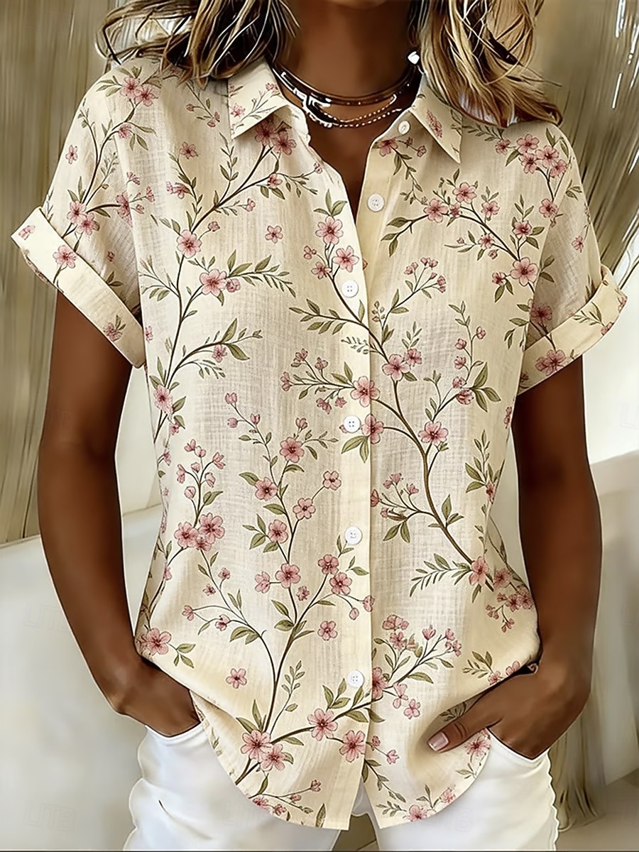 Romper Floral Print - Kemeja Wanita Motif Bunga Beige Kancing