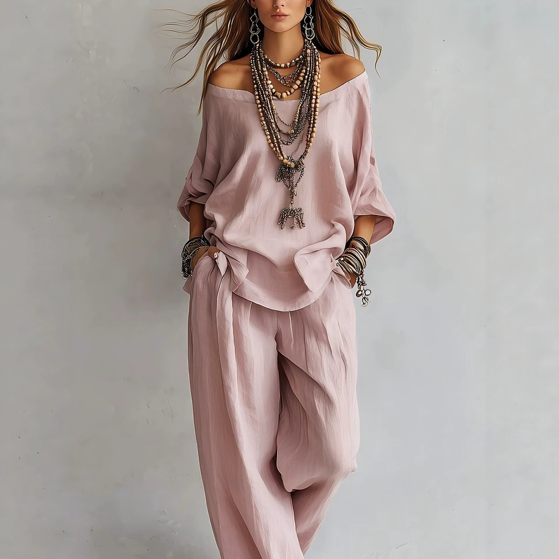 Linen Pant Wide - Setelan Atasan Lengan Tujuh dan Celana