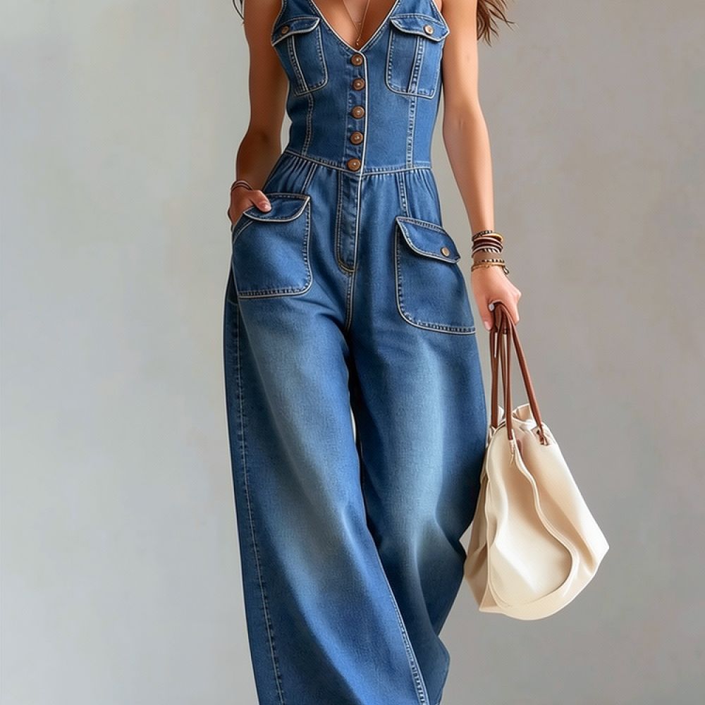 Jumpsuit Linen Relaxed - Jumpsuit denim kasual wanita, model tanpa