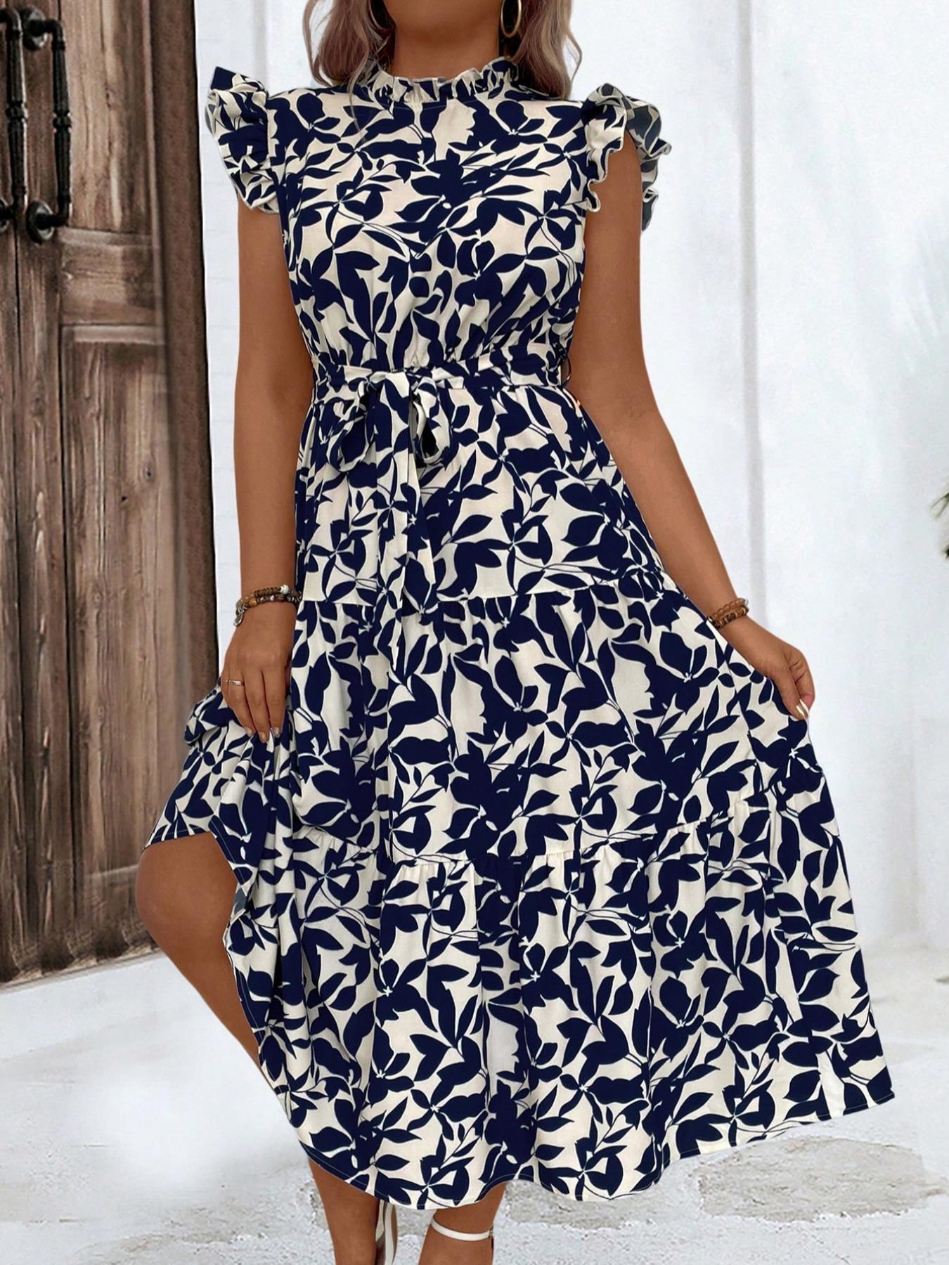 Romper Floral Print - Gaun Ruffle Berikat Ruched Motif Bunga
