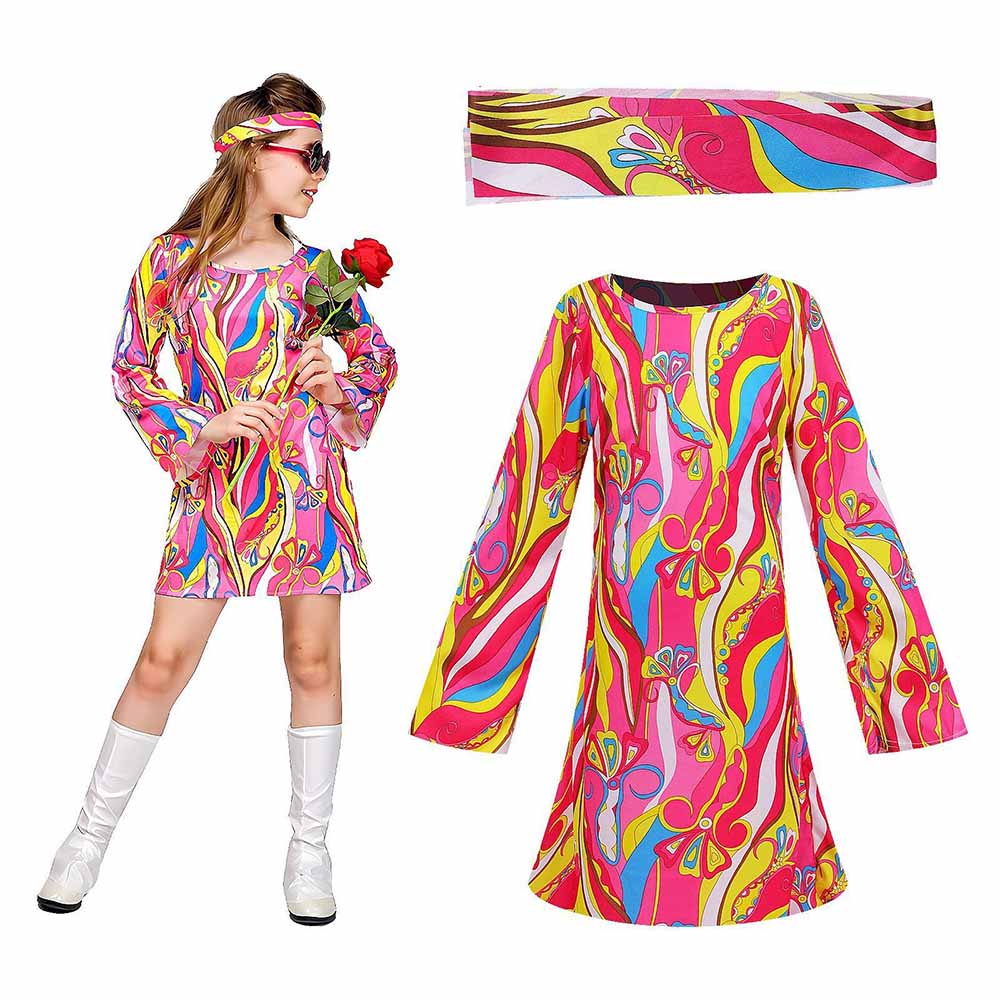 Romper Floral Print - Set Gaun dan Bando Retro 70-an