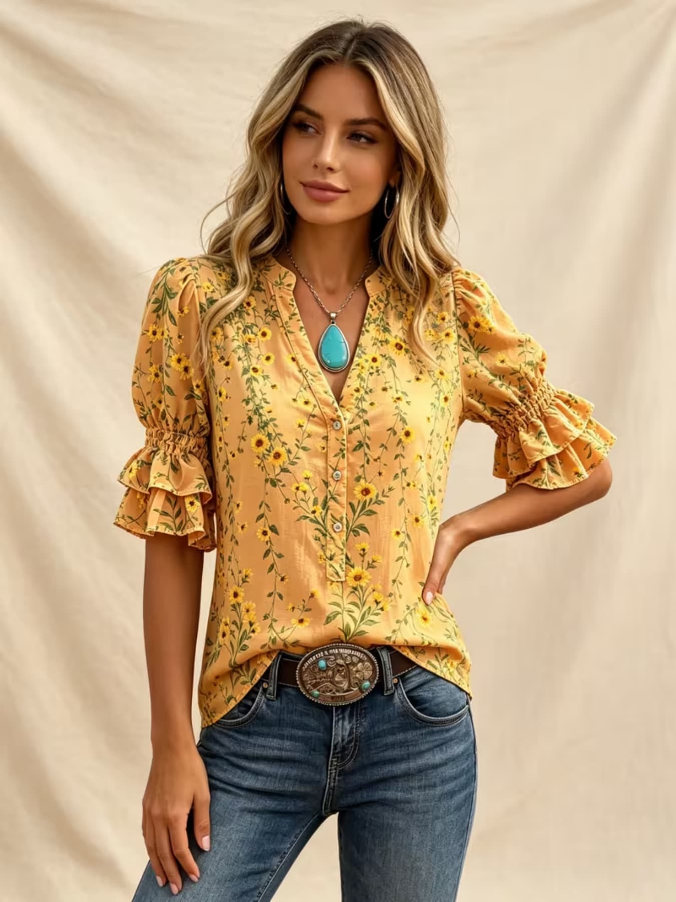 Blus Wanita Gaya Cowgirl Barat - Romper Floral Print ulasan dan harga